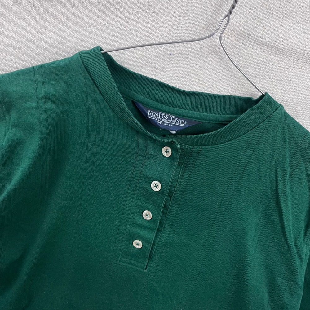 Lands' End Henley Top Womens Medium Green Long Sleeve Cotton Textured Stripe